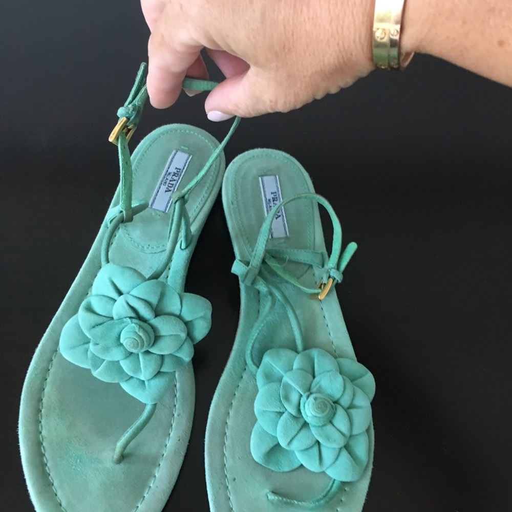 Prada Teal Suede Sandals w/ Flower Accent - Picture 2 of 6